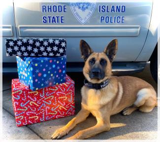 police dog with presents